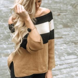 Camel, black and white cozy sweater